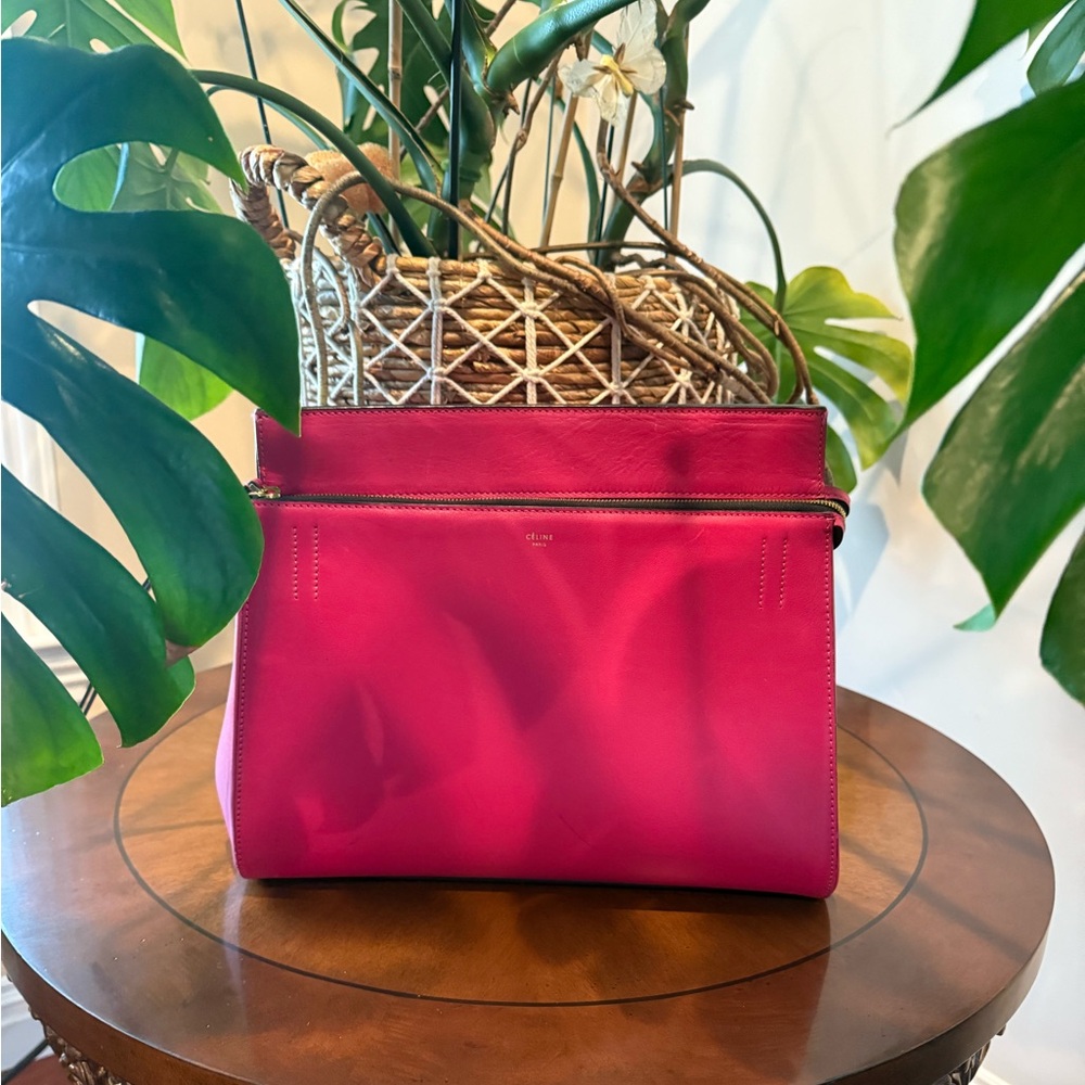 Old Celine Edge Bag Fuchsia Hot Pink Structured Purse Tote Shoulder Bag